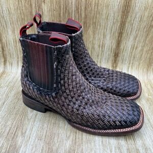 Rock'em Woven Leather Western Chelsea Boots Men's Size 8 Brown Square Toe Shoes
